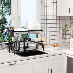 HOMCOM Over The Sink Dish Drying Rack, 2 Tier Adjustable Dish Drainer Black