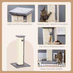 PawHut 81cm Cat Scratching Post w/ Sisal Rope, Hanging Ball, Soft Plush - Grey