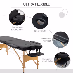 HOMCOM Wooden Folding Spa Beauty Massage Table w/ 2 Sections, Carry Bag, Black