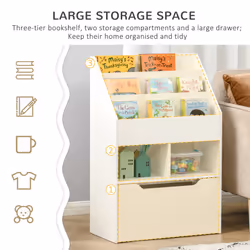 HOMCOM Kids Bookcase, Toy Box w/ Storage Drawer, Wheels for Bedroom - White
