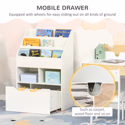 HOMCOM Kids Bookcase, Toy Box w/ Storage Drawer, Wheels for Bedroom - White - Additional view 4