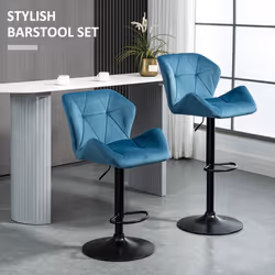 HOMCOM Set Of 2 Luxurious Velvet-Touch Bar Stools Metal Frame Footrest Blue