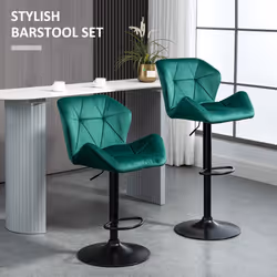 HOMCOM Set Of 2 Luxurious Velvet-Touch Bar Stools Metal Frame Footrest Green