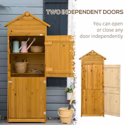 Outsunny Wood Garden Storage Shed Tool Cabinet w/ Roof, 191.5x79x49cm, Natural - Additional view 4