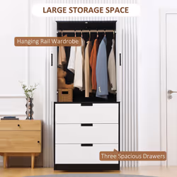 HOMCOM 2 Door Wardrobe White Wardrobe with 3 Drawer and Hanging Rod for Bedroom