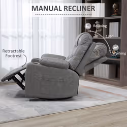 HOMCOM Manual Recliner Chair Footrest, Cup Holder, Side Pocket, Grey