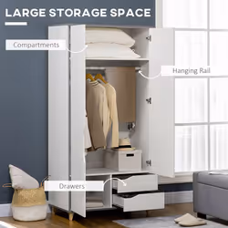 HOMCOM 2 Door Wardrobe with Drawers, Hanging Rail, Shelves for Bedroom, White