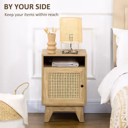 HOMCOM Nightstand, Rattan Bedside Table w/ Cabinet, Shelf, Natural