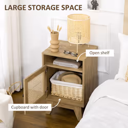 HOMCOM Nightstand, Rattan Bedside Table w/ Cabinet, Shelf, Natural