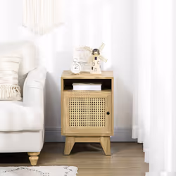 HOMCOM Nightstand, Rattan Bedside Table w/ Cabinet, Shelf, Natural - Additional view 5
