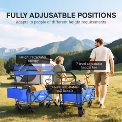 Outsunny Outdoor Push Pull Wagon Stroller Cart w/ Canopy Top Blue