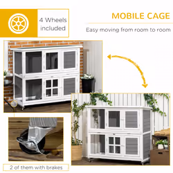 PawHut Wooden Rabbit Hutch, Small Animal House w/ Wheels, Removable Tray - Grey - Additional view 5