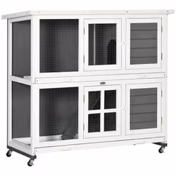 PawHut Wooden Rabbit Hutch, Small Animal House w/ Wheels, Removable Tray - Grey - Additional view 8