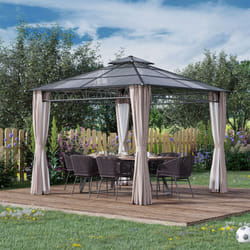 Outsunny 3 x 3 (m) DoubleÂ Roof Hard Top Gazebo w/NettingsÂ &Â Curtains, Khaki