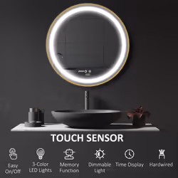 kleankin Wall Mounted LED Bathroom Mirror with 3 Light Colours Time Display Gold