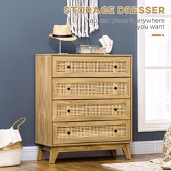 HOMCOM Chest of Drawers, 4 Drawer Unit Storage Organiser with Rattan Element