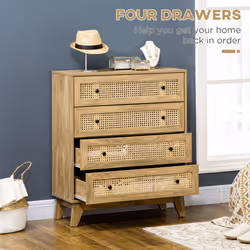 HOMCOM Chest of Drawers, 4 Drawer Unit Storage Organiser with Rattan Element