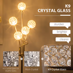 HOMCOM Modern Floor Lamp w/ K9 Crystal Shade, 5 Light, for Living Room, Gold - Additional view 8