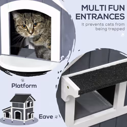 PawHut Wooden Outdoor Cat House w/ Flower Pot, Windows, Multiple Entrances