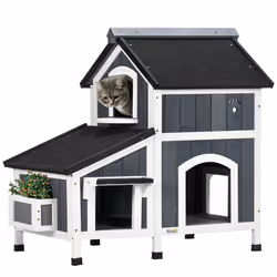 PawHut Wooden Outdoor Cat House w/ Flower Pot, Windows, Multiple Entrances - Additional view 8