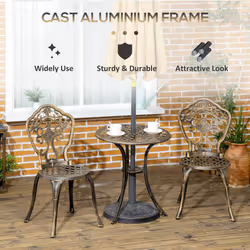 Outsunny 3 PCs Cast Aluminium Bistro Set w/ Parasol Hole for Balcony, Brown