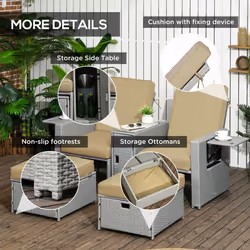 Outsunny Recliner Rattan Sun Lounger w/ Storage Tea Table & Footstools, Beige - Additional view 5