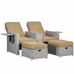 Outsunny Recliner Rattan Sun Lounger w/ Storage Tea Table & Footstools, Beige - Additional view 8