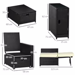 Outsunny Recliner Rattan Sun Lounger w/ Storage Tea Table & Footstools, Balck - Additional view 6