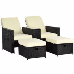Outsunny Recliner Rattan Sun Lounger w/ Storage Tea Table & Footstools, Balck - Additional view 8