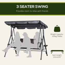 Outsunny 3 Seater Garden Swing Seat Bench w/ Adjustable Canopy, Dark Grey