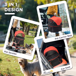 PawHut 3 In 1 Pet Stroller, Detachable Dog Cat Travel Carriage - Red