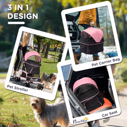 PawHut 3 In 1 Pet Stroller, Detachable Dog Cat Travel Carriage - Pink