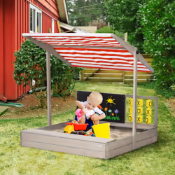 Outsunny Kids Wooden Sandpit, Sandbox w/ Canopy, Seats, for Gardens - Grey
