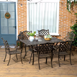 Outsunny 7-PC Cast Aluminum Patio Dining Set w/ Umbrella Hole & Cushion, Bronze