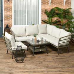 Outsunny Rattan Corner Sofa, Rattan Garden Furniture w/Glass Top Two-tier Table