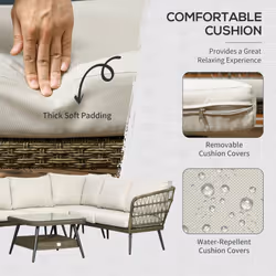 Outsunny Rattan Corner Sofa, Rattan Garden Furniture w/Glass Top Two-tier Table