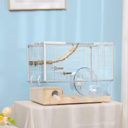 PawHut Hamster Cage, Gerbil Cage w/ Deep Bottom, Wooden Ramp, Exercise Wheel