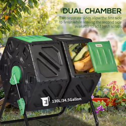 Outsunny 130L Compost Bin Dual Chamber Rotating Composter w/ Ventilation Holes