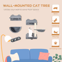 PawHut 4PCs Wall Mounted Cat Tree Cat Wall Shelves W/ Scratching Post Grey