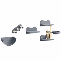PawHut 4PCs Wall Mounted Cat Tree Cat Wall Shelves W/ Scratching Post Grey - Additional view 8