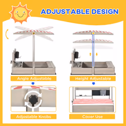 Outsunny Kids Wooden Sandbox w/ Canopy, Kitchen Toys, Seat, Storage, for Outdoor