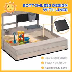 Outsunny Kids Wooden Sandbox w/ Canopy, Kitchen Toys, Seat, Storage, for Outdoor - Additional view 7