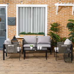 Outsunny 4 Piece Garden Sofa Set w/ Tempered Glass Coffee Table Light Grey