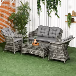 Outsunny 4 Pieces Rattan Sofa Set Outdoor Conservatory Furniture with Cushions