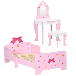 ZONEKIZ 3PCs Kids Bedroom Furniture Set with Bed, Dressing Table and Stool, Pink