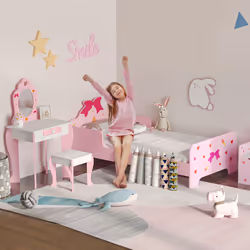 ZONEKIZ 3PCs Kids Bedroom Furniture Set with Bed, Dressing Table and Stool, Pink