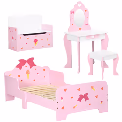 ZONEKIZ 4PCs Kids Bedroom Furniture Set W/ Bed, Toy Box, Dressing Table, Pink