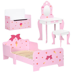 ZONEKIZ 4PCs Kids Bedroom Furniture Set W/ Bed, Toy Box, Dressing Table, Pink