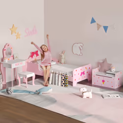 ZONEKIZ 4PCs Kids Bedroom Furniture Set W/ Bed, Toy Box, Dressing Table, Pink