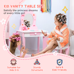 ZONEKIZ 4PCs Kids Bedroom Furniture Set W/ Bed, Toy Box, Dressing Table, Pink
